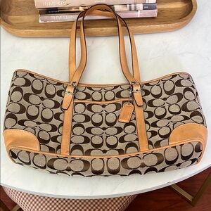 Coach Brown and Tan Signature Tote Bag